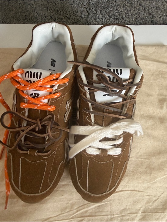 New Balance Shoes - New Balance Brown Suede Sneakers with Orange and White Laces